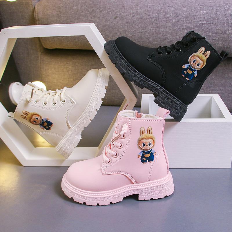 Girls' Cartoon Fashion Short Boots for Small and Medium-sized Children, Autumn and Winter British Style Boys' Velvet and Cotton Leather Boots