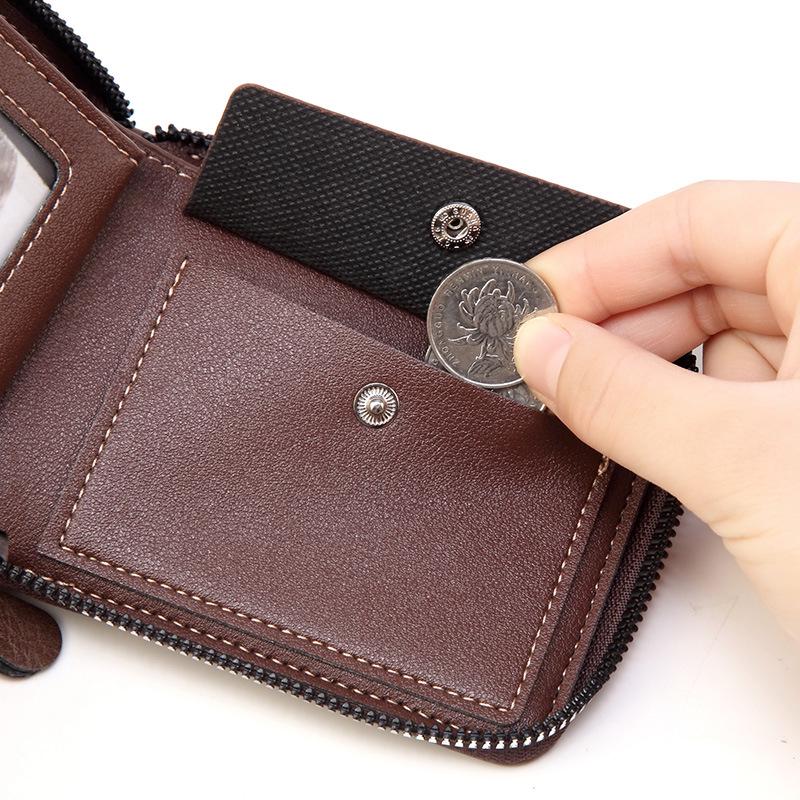 Korean Style Men's Retro Short Wallet - Patchwork Card Holder with Zippered Coin Purse and Driver's License Document Bag.