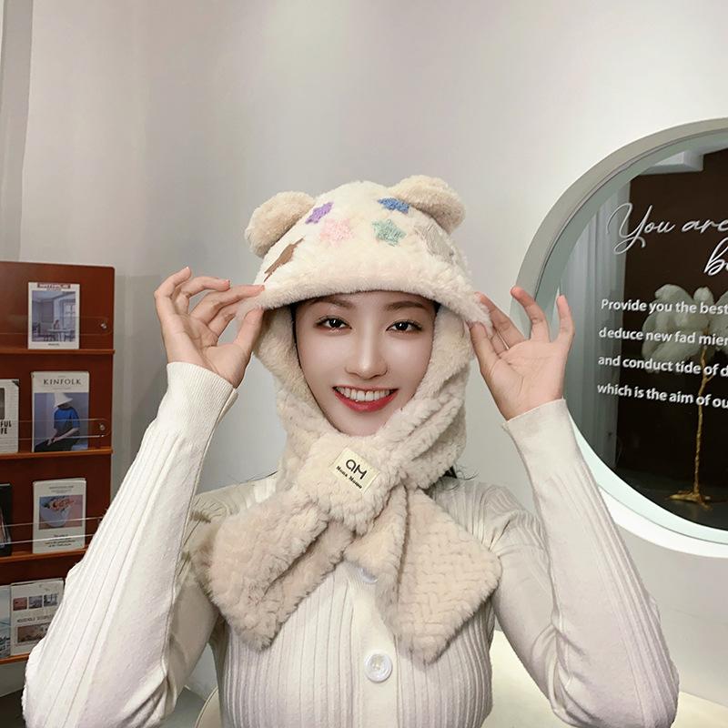 Cute bear star child scarf integrated autumn and winter warm and cold cycling plush hat woman