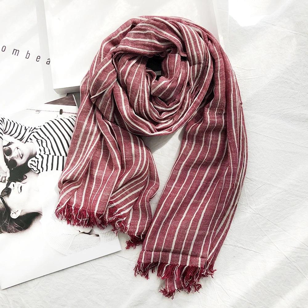 Autumn and Winter Striped Cotton and Linen Scarves for Women Classic Cotton and Linen Casual Silk Scarves for Men New Pleated Literary Retro Shawls
