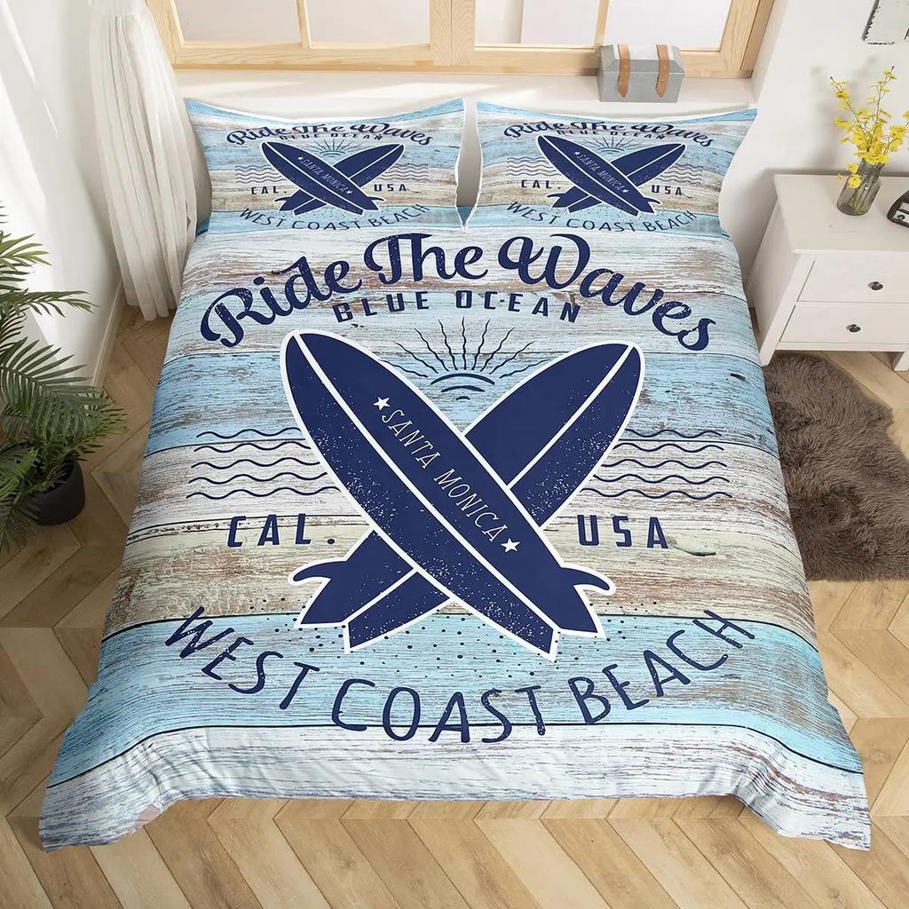 Surf Duvet Cover Set Retro Posters Group Summer Vacation Theme Water Sports California Beach Surfboard Wood Board Bedding Sets