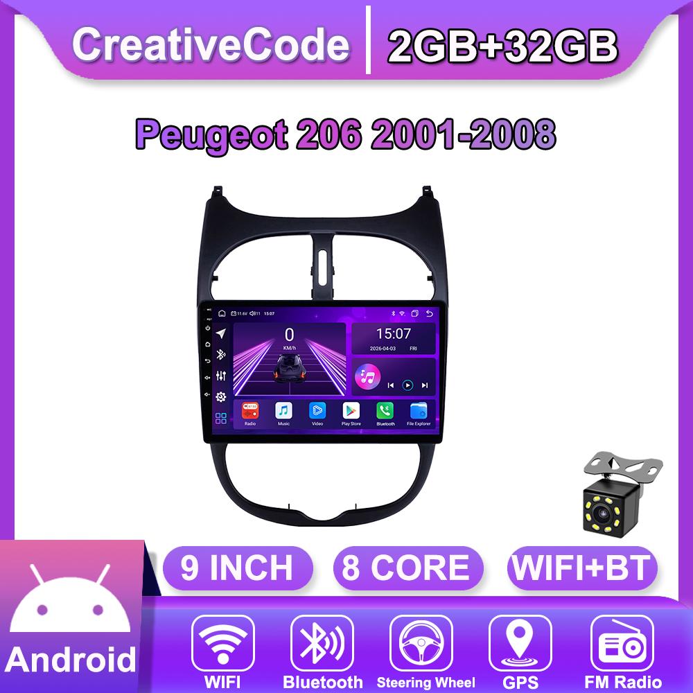 Android Car-Play Car Radio For Peugeot 206 2001-2008 Multimedia Player Head Unit Stereo GPS Navigation BT WIFI,8 CORE ,2+32GB