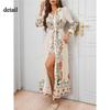 Damen Sommer Maxikleid mit Blumendruck Lässiges lockeres Langarm Hemdkleid mit Knopfleiste, Bindegürtel und Puffärmeln