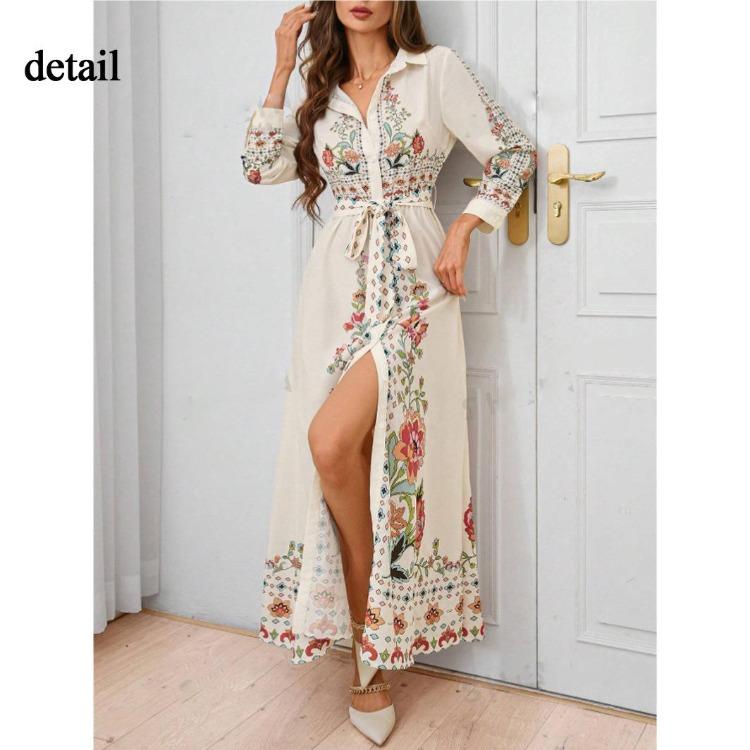 Damen Sommer Maxikleid mit Blumendruck Lässiges lockeres Langarm Hemdkleid mit Knopfleiste, Bindegürtel und Puffärmeln