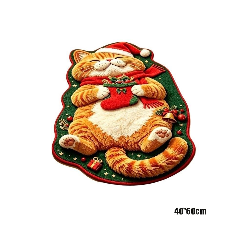 Christmas Theme Pattern Sleeping Cat Floor Mat Plush Cartoon Doormat Carpet for Living Room
