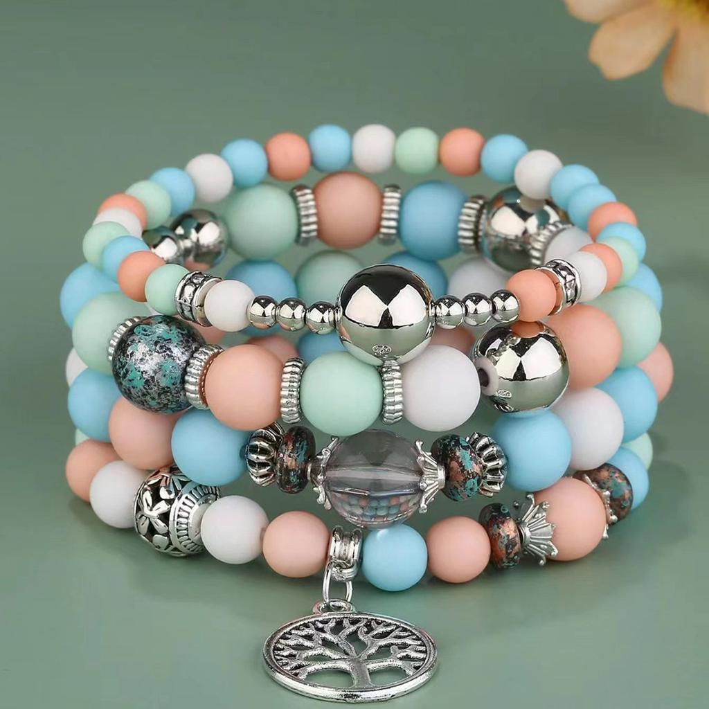 Bohemian Beaded Bracelet Frosted Glass Beads Tree Of Life Pendant Handmade Adjustable Ornament