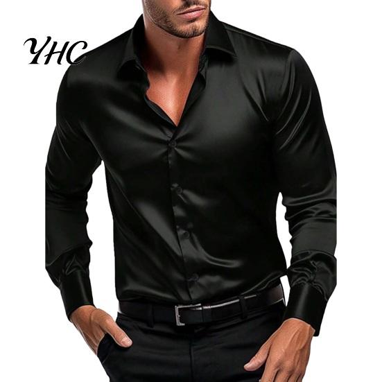 Men Solid Color Shirt Fall Spring Button-down Turn-down Collar Cardigan Long Sleeves Satin Slim Fit Sleeve Mid Length Casual Daily Wear Office