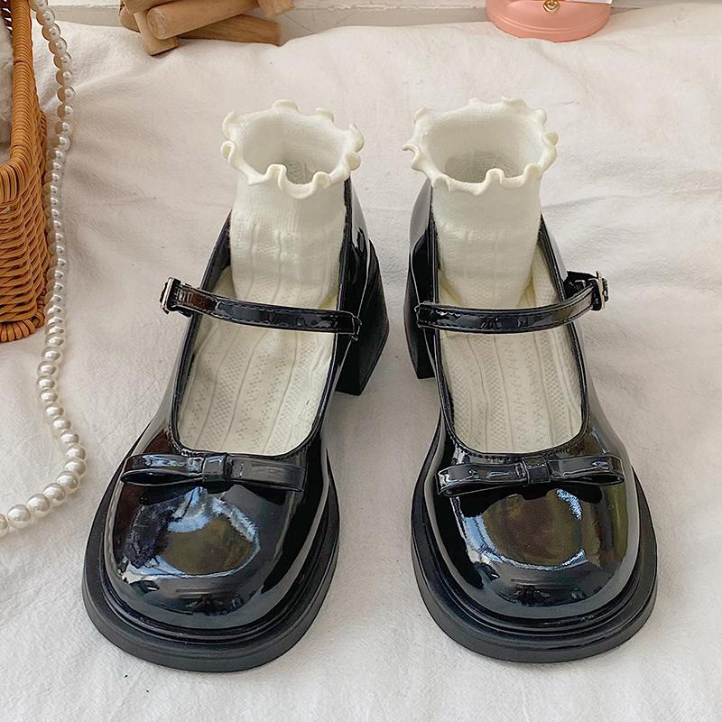 Patent Leather Jk Uniform Dress Shoes for Women Vintage Square Heels Mary Jane Shoes Woman Japanese Style Bow Buckle Strap Pumps