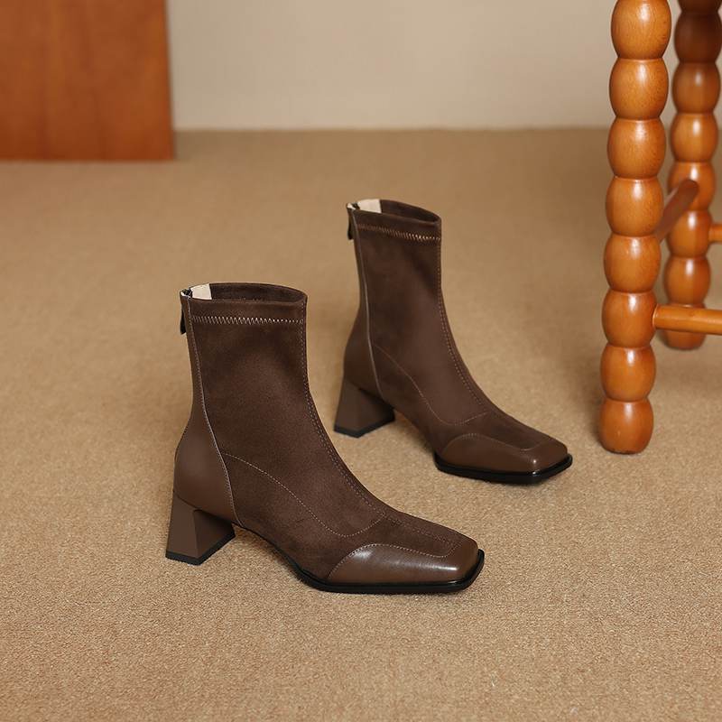 Krazing Pot Flock Autumn Winter Shoes Thick High Heels Big Size 40 Modern Boots Square Toe Keep Warm Zip Ankle Boots