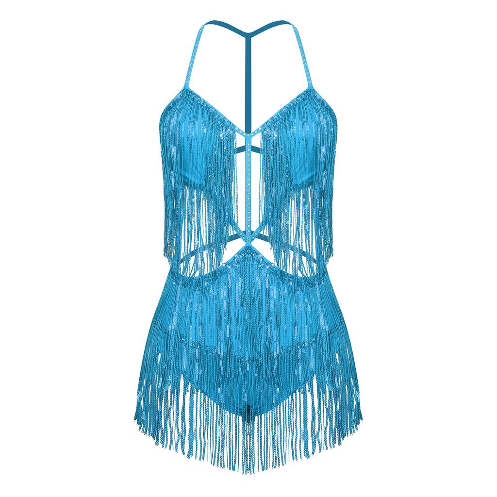 Damen Bauchtanz Bodysuit mit Fransen Pailletten Quasten Ausgeschnitten Rückenfrei Glänzend Jumpsuit