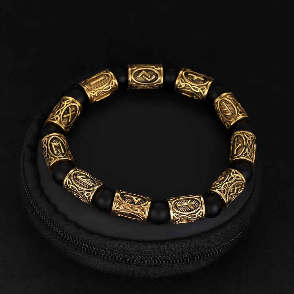 Vikingarunor Malakitarmband 8 mm Naturstenspärlor Rostfritt Stål Guldpläterat Armband för Män Smyckespresent