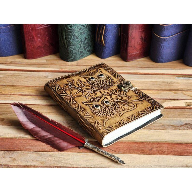 Handmade Owl Embossed Leather Notebook for Writing and Sketching, , Book Of Shadows and Personal Grimoire