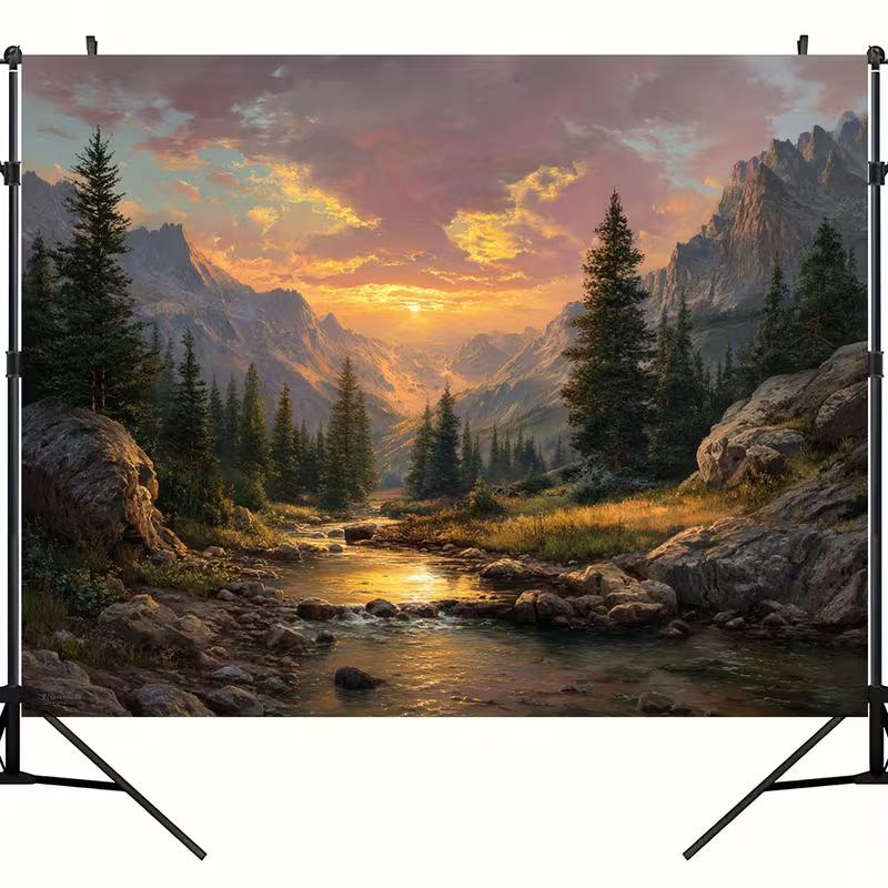 2D Forest Mountain Backdrop, Sunset River Nature Landscape Photography Background