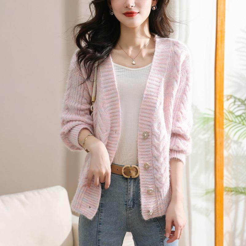 Spring and Autumn New V-Neck Gentle Wind Knitted Cardigan Twist Fashion Sweet Loose Sweater Women's Jacket Women's