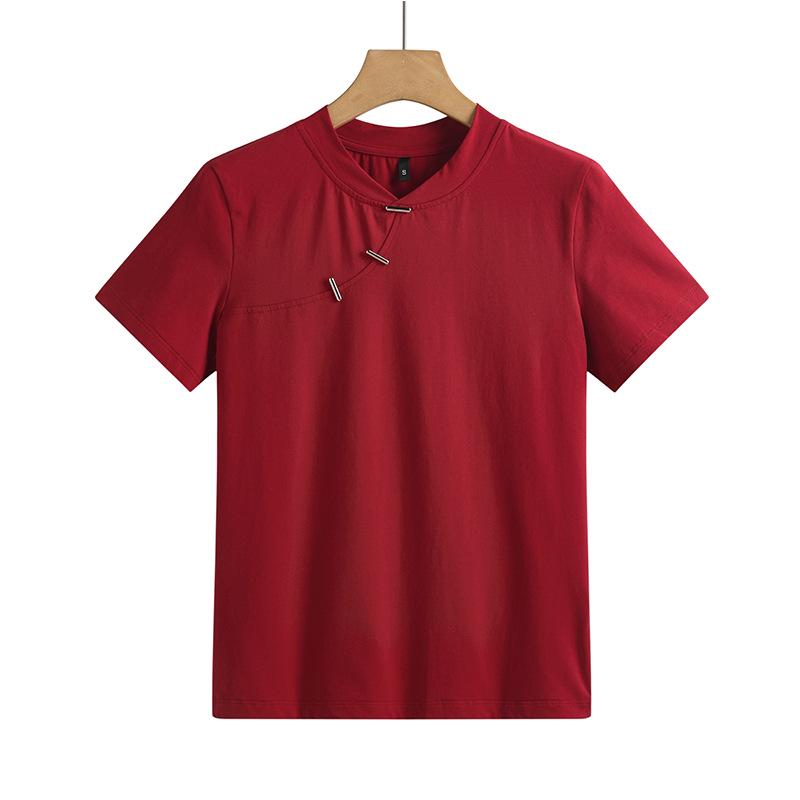 Enhanced Slim Fit Minimalist Cotton T-Shirt with Chinese and Korean Style Buttons - Short Sleeve Women's Top