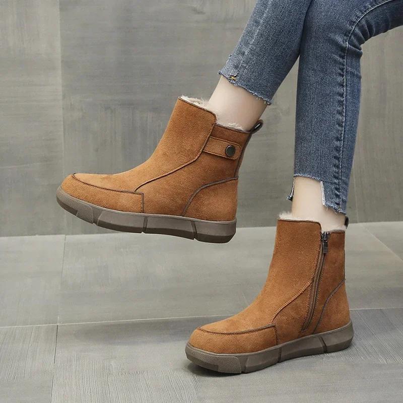 2025 Fashion Shoes Female Side Zipper Women's Boots Winter Round Toe Plush Fleece for Warmth Solid Short Barrel Flat Boots