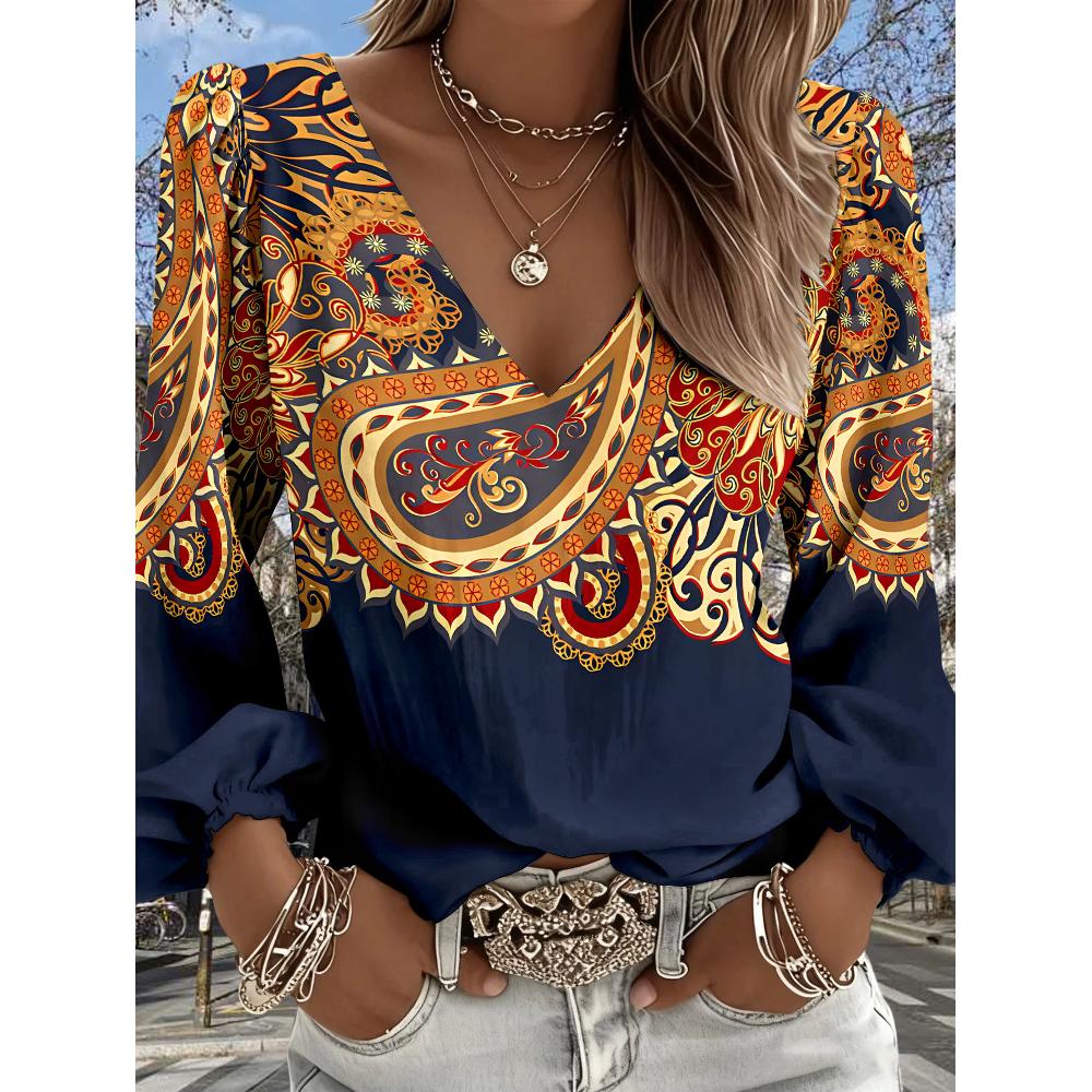 Lady Bohemian Retro Western Style V-Neck Shirt - Lantern Sleeve Top, Suitable for Casual Outfits and Vacation Wear. Regular Fit Without Stretch.