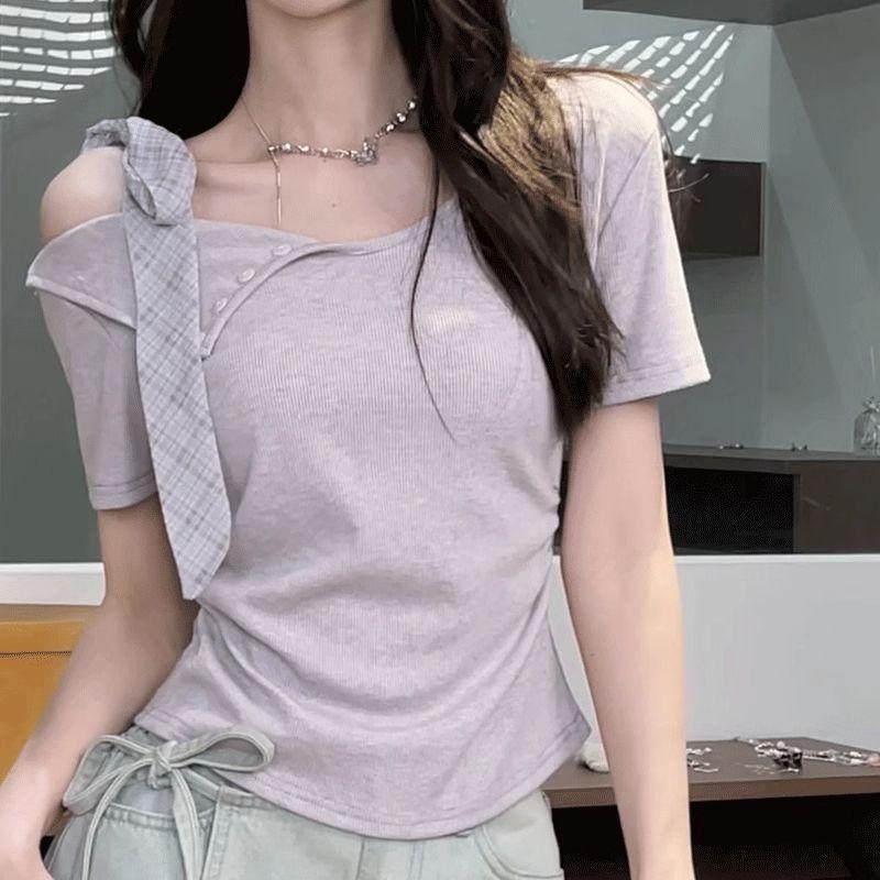 French fashion strap irregular design short-sleeved t-shirt women's summer off-shoulder niche slim-fit short top