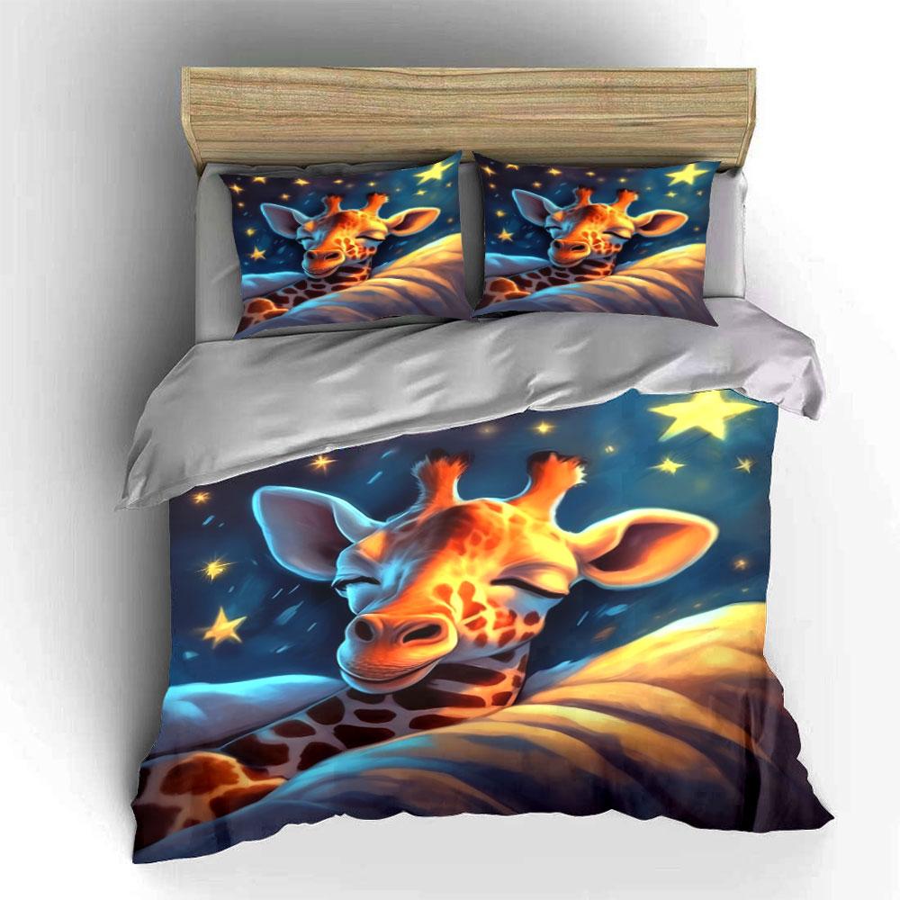 Cute Sleeping Giraffe Starry Night Sky Bedding Set 3pcs Cartoon Animal Star Soft Kids Duvet Coverking queen single doubleGift