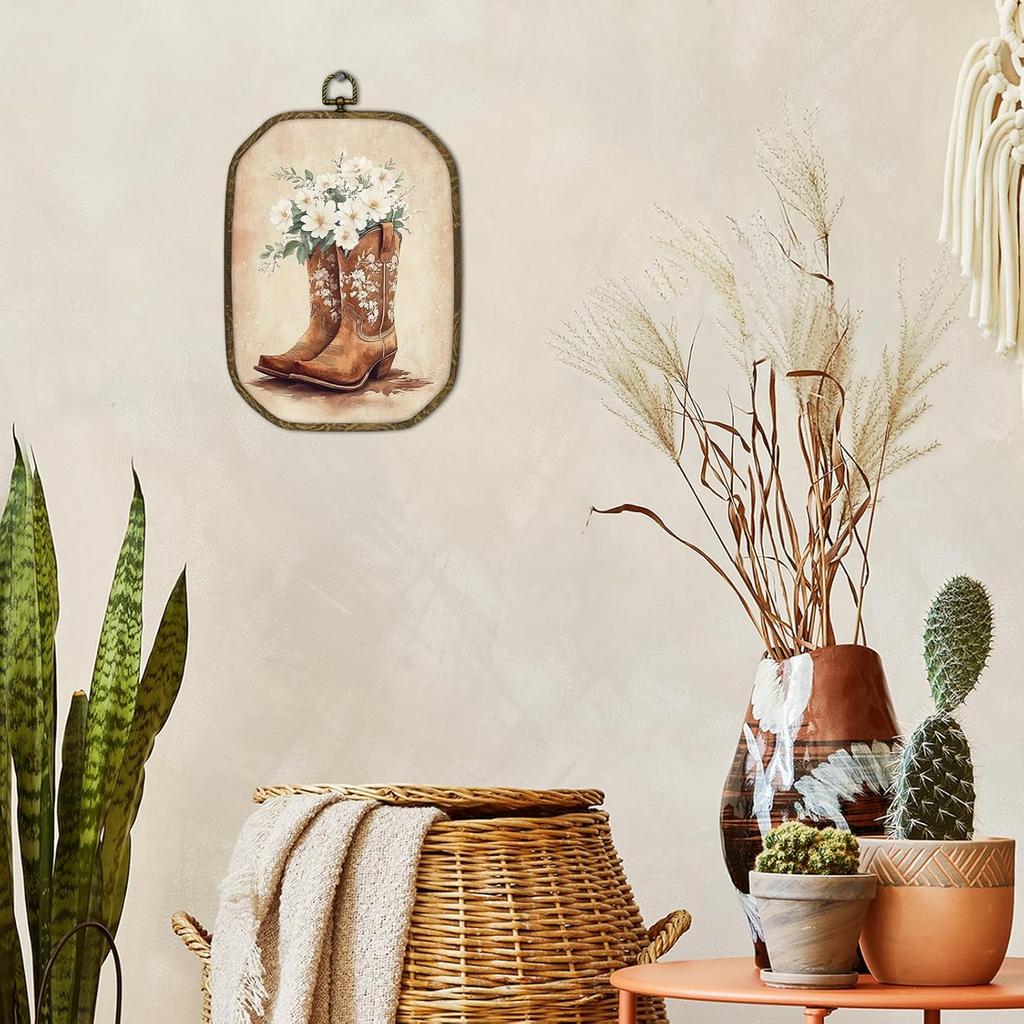 Nvucamd Vintage Western Cowgirl Wall Art Decor Framed, Preppy Western Octagon Canvas Prints Wall Art, Rustic Country Floral Cowgirl Boots Hanging