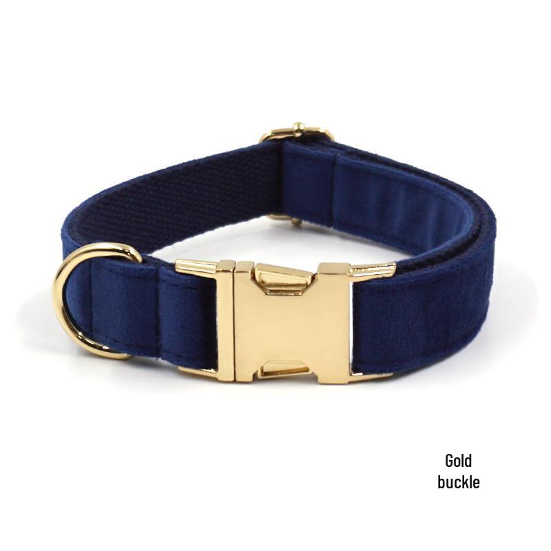Dark Blue Velvet Adjustable Dog Collar with High-Grade Gold Zinc Alloy Buckle Large