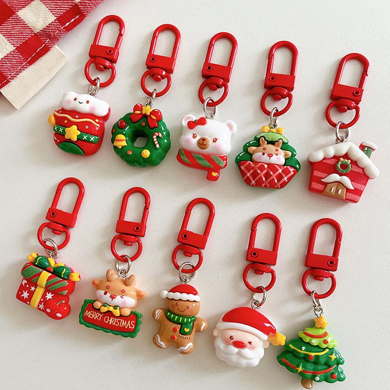 1PC Cartoon Shape Xmas Key Rings For Friends Key Holders Holiday Bag Pendants Part Resin Gifts Multiple Options Available