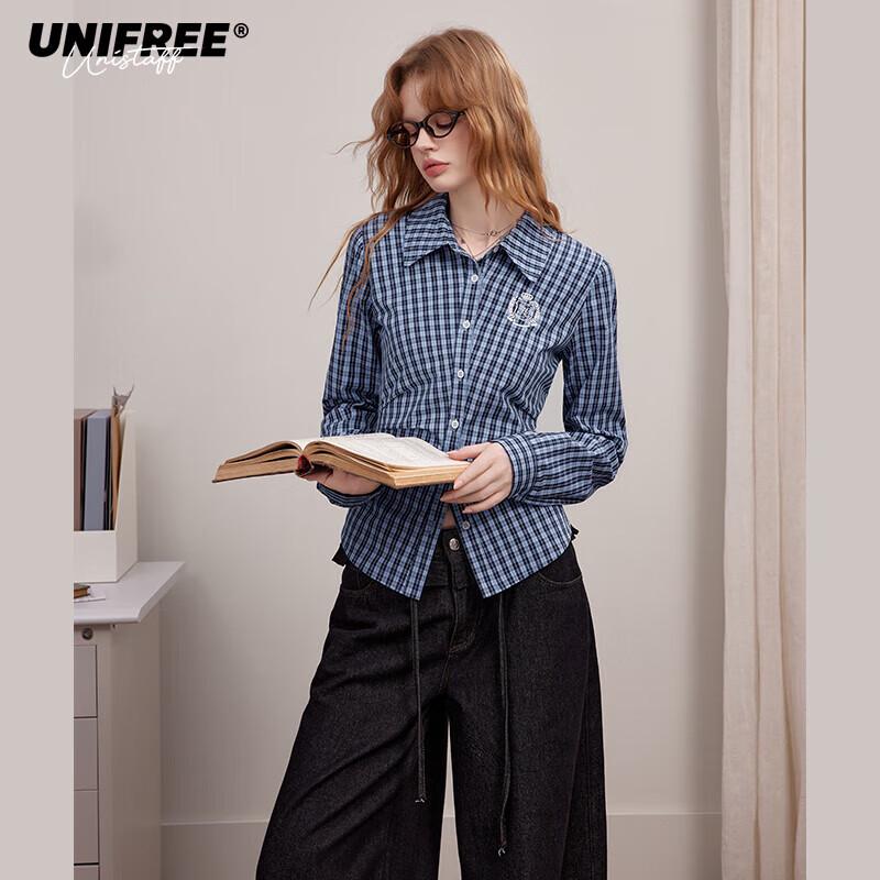 UNIFREE American College Embroidered Pleated Irregular Hem Shirt XL