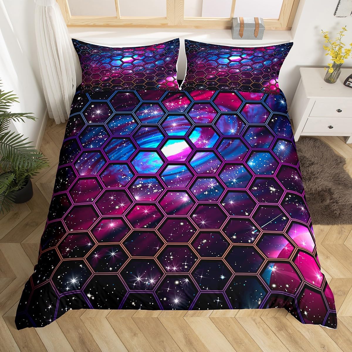 Geometric Honeycomb Duvet Cover Twin Queen Size, Hexagon Galaxy Bedding Set,Universe Starry Sky Comforter Cover for Dorm Room (135x200cm)