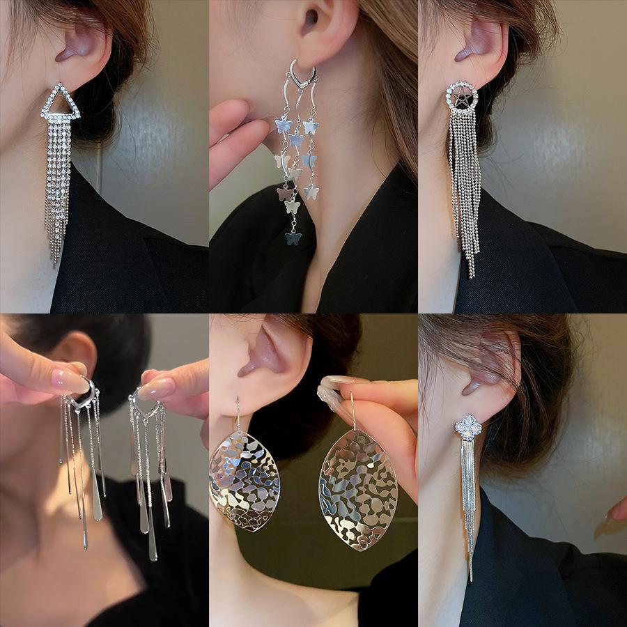 New diamond-encrusted tassel long ear buckle Korean simple design earrings high-end temperament earrings