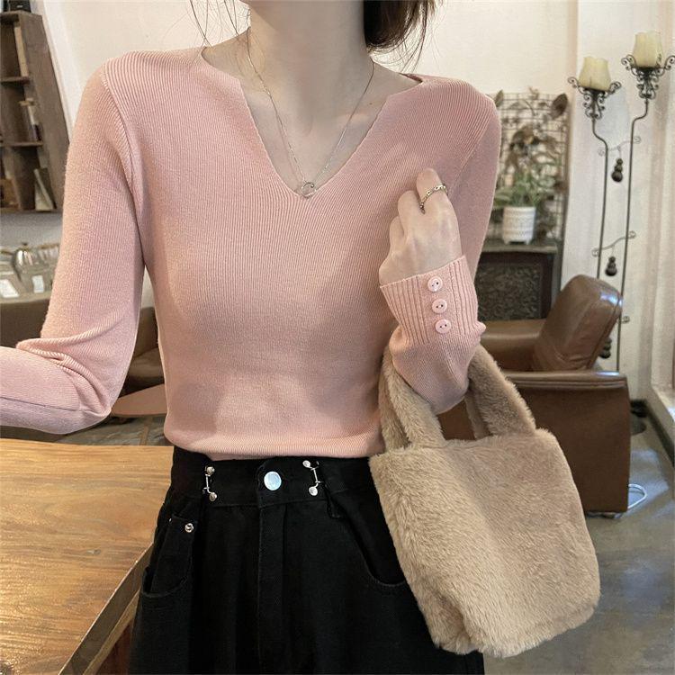 

Женский облегающий трикотажный свитер с V-образным вырезом и длинным рукавом One Size розовый