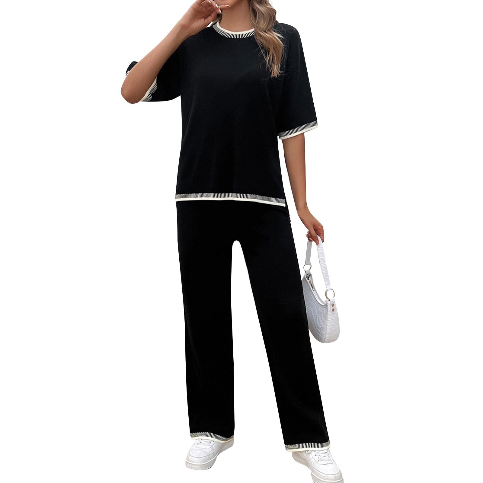 

Женский комплект из 2 предметов для путешествий, свитер с короткими рукавами, пуловер, широкие брюки, удобный комплект домашней одежды XL чёрный
