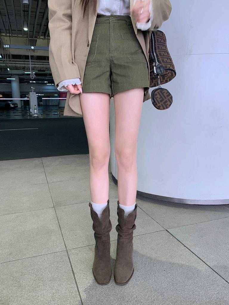 Cowhide grape mother with the same height increase of 8cm Korean round head V mouth thick heel thin pile short boots female western cowboy boots