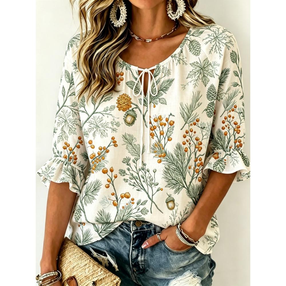 Women's Soft Pink Botanical Print Tie Front Blouse, Casual Loose Top for Spring Summer Daily Wear