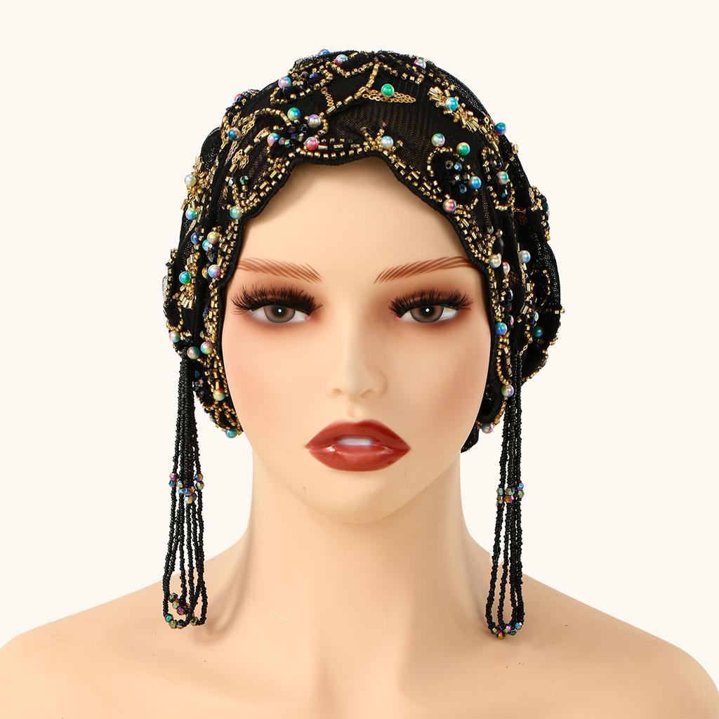 Muslim Lace Pearls Hat Caps Mesh Fabric Bead Tube Paired With An Acrylic Diamond Thread Embroidered Hat For Dubai Arabian Women