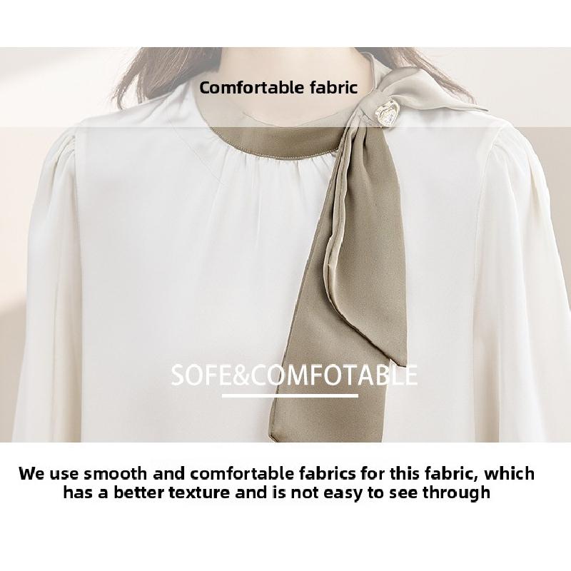 Gentle Collar Bow Tie Shirt for Women, 2026 Spring and Autumn New Style, Color Block Ribbon Design Satin Top