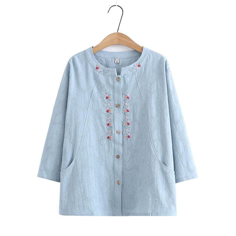 Embroidered Cotton Shirt Women's Large Size Spring and Autumn Tops, High-end Western Style Bottoming Shirt, Mother Shirt