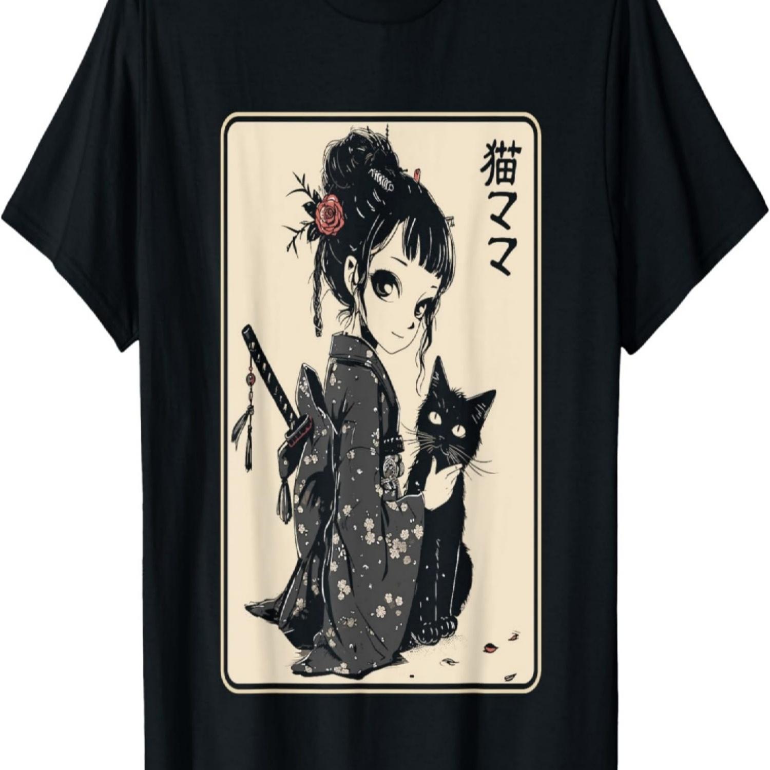 Gothic Kawaii Anime Samurai Cat Mom Woman Girls T-Shirt(1) S чёрный