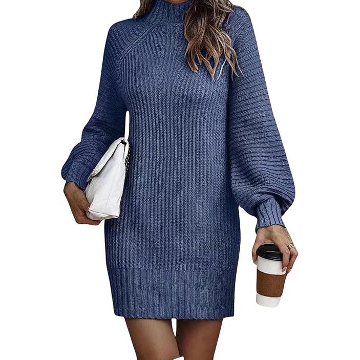 Women's Mock Neck Sweater Dres Long Lantern Sleeve Rib Knit Stretch Bodycon Sweater Dress