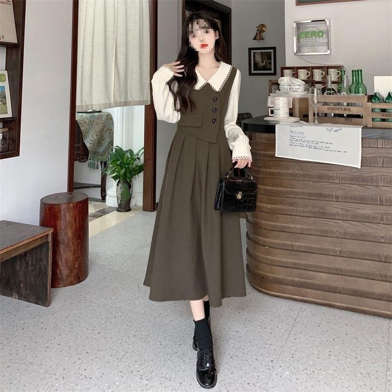 Classic Doll Collar Long Sleeve Dress With Knit Fabric For Spring Womens Fashion