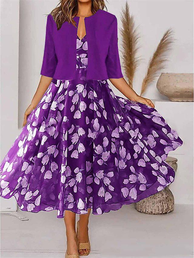 Women's Relaxed Fit Skirt Suit Three Quarter Sleeve Crop Jacket Flared Midi Dress 2024 Fall Floral Print Elegant Two Piece Outfit Set