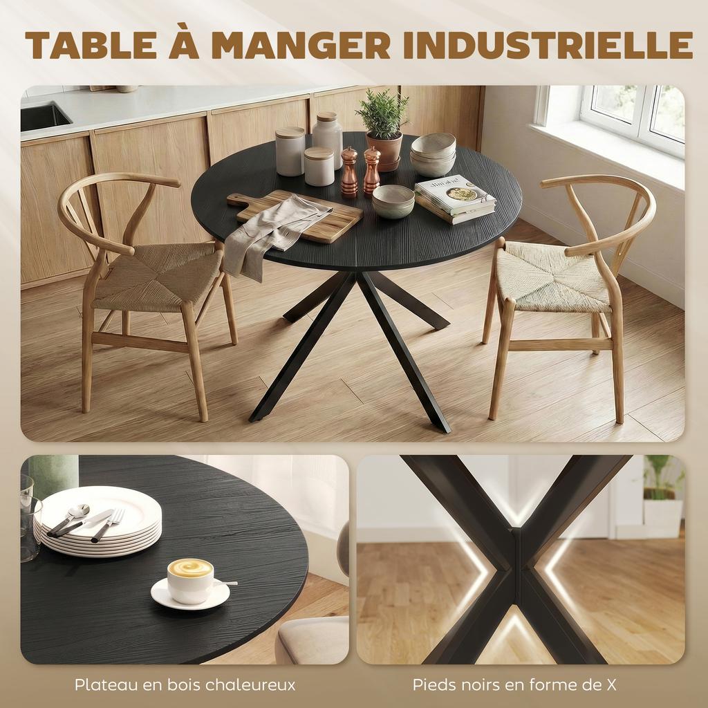 Round Dining Table for 4 People, 100 cm, Industrial, Wood-Look Top, Steel Cross Base, Black
