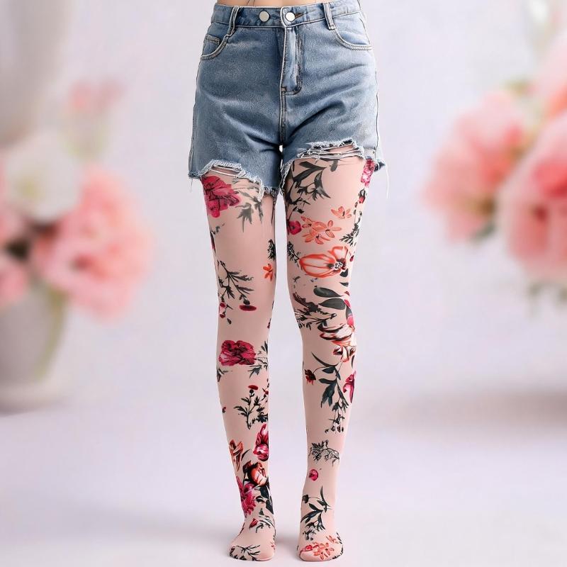 Multicolor Patterned Footed Tights for Women Printed Pantyhose Stockings for Dress Skirt Layering In Spring Fall Office and Daily Wear