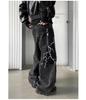 Męskie czarne jeansy American High Street: Haft Piorunem, Proste Luźne Szerokie Nogawki, Modny Rogue Street Style