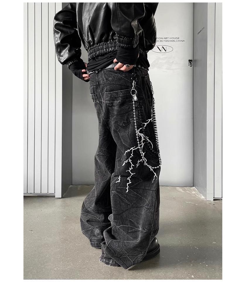 Męskie czarne jeansy American High Street: Haft Piorunem, Proste Luźne Szerokie Nogawki, Modny Rogue Street Style