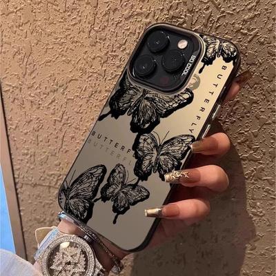 Retro Black Butterfly Case for iPhone 15 Pro Max 16 14 13 12 11 XS X XR SE 7 8 Plus 15 Electroplated Matte Hard Cover