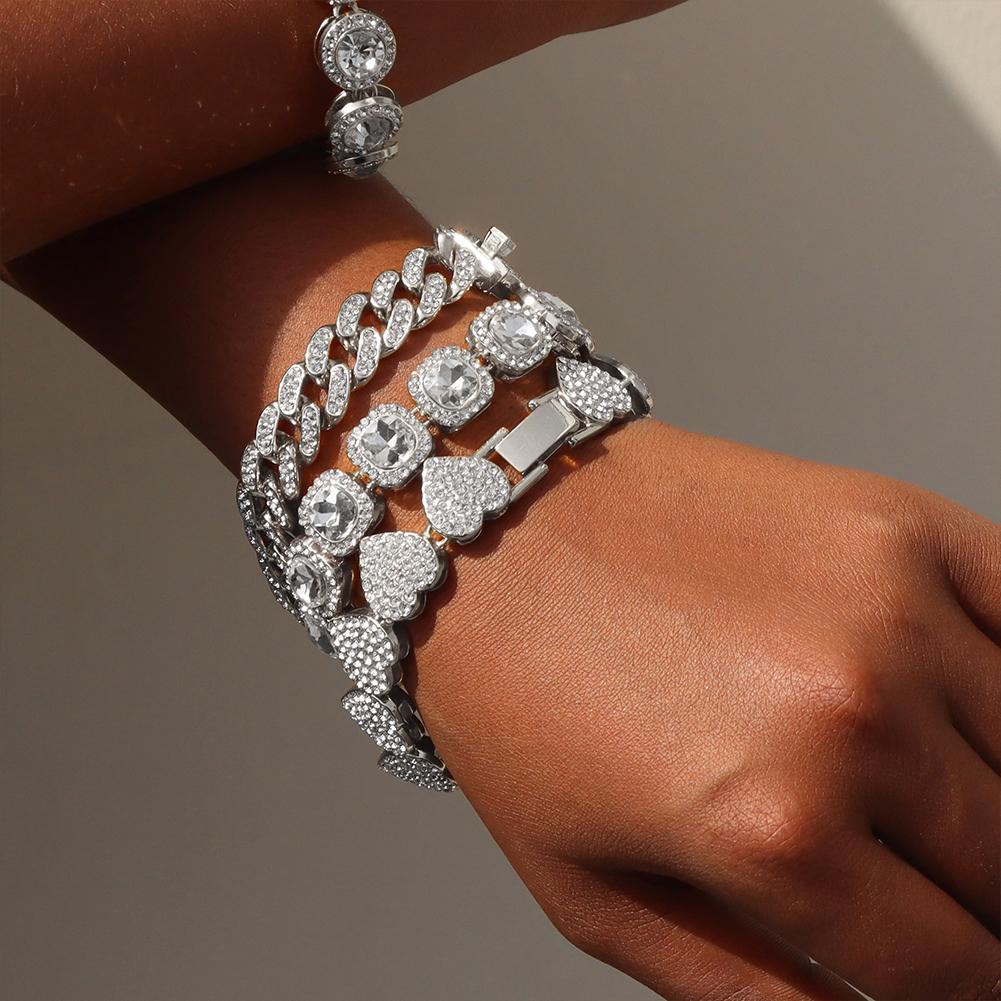 1Pcs Pink Rhinestones Miami Cuban Chain Bracelet for Women Men Iced Out Chunky Tennis Bracelets Fashion Gifts Jewelry Wholesale