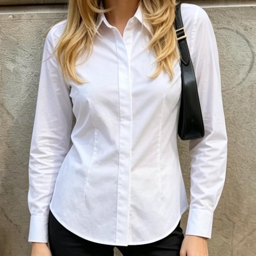 Basic reiner Baumwoll-Weiß-Taille Langarmhemd Damen 1116 Europäisches und Amerikanisches Pendler-Temperament Dünnes vielseitiges Oberteil