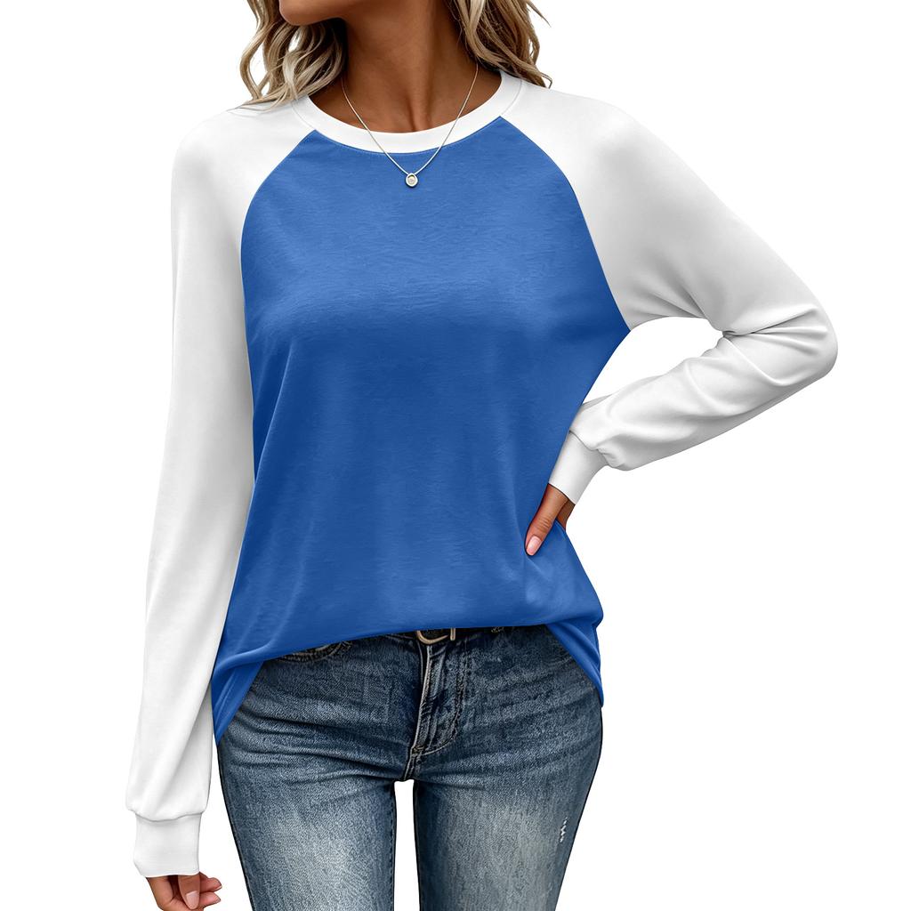 Women's Casual Color-Block Raglan Long Sleeve Top with Round Neck