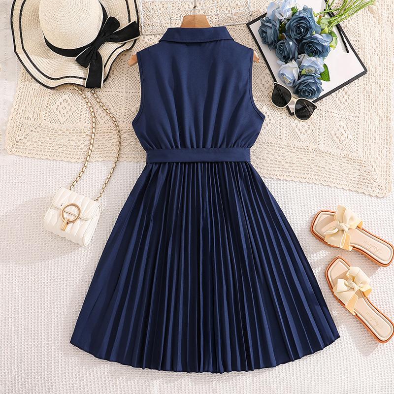 Girls' Fashionable Dress for Spring and Summer, Elegant Cinched Pleated Dress for Children