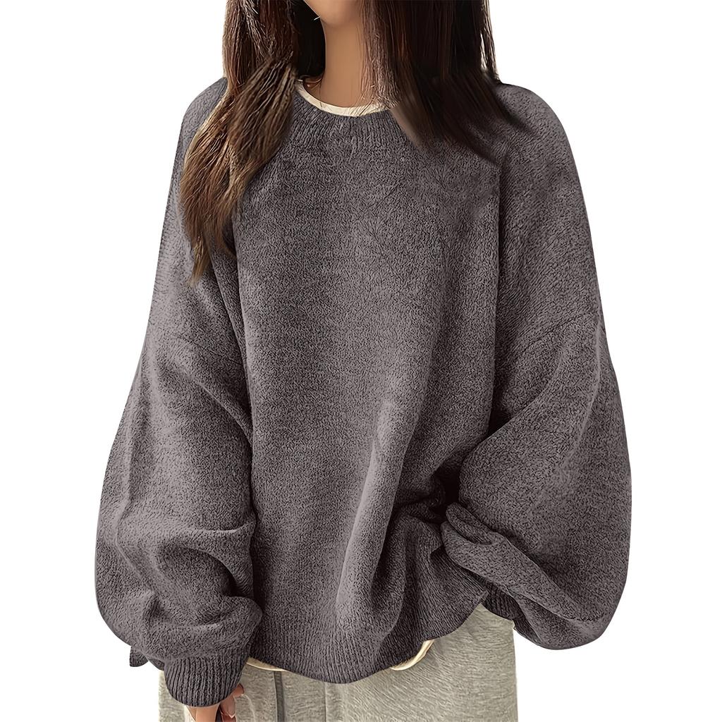 Women's Fashion Casual Loose Pullover Solid Color Round Neck Long Sleeve Knit Sweater